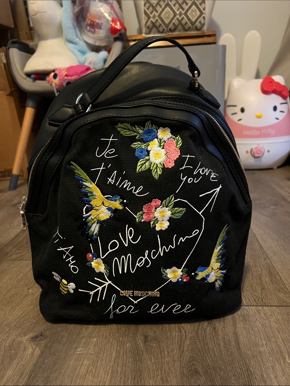 Nwt Love Moschino Black Backpack with Multicolor Embroidered Birds & Flowers